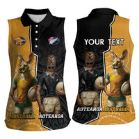 Personalised New Zealand And Australia Rugby Women Sleeveless Polo Shirt 2024 All Black Wallabies Mascots Together LT14 - Polynesian Pride