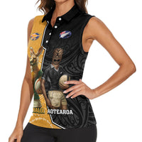 Personalised New Zealand And Australia Rugby Women Sleeveless Polo Shirt 2024 All Black Wallabies Mascots Together LT14 - Polynesian Pride