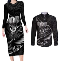 Personalised All Black New Zealand Darts Couples Matching Long Sleeve Bodycon Dress and Long Sleeve Button Shirt Aoteroa Fern Maori Galaxy Style LT14 Black - Polynesian Pride