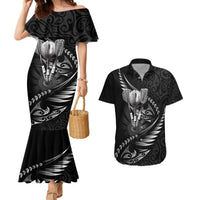 Personalised All Black New Zealand Darts Couples Matching Mermaid Dress and Hawaiian Shirt Aoteroa Fern Maori Galaxy Style LT14 Black - Polynesian Pride