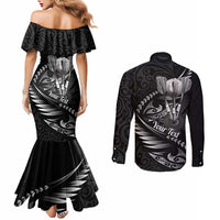 Personalised All Black New Zealand Darts Couples Matching Mermaid Dress and Long Sleeve Button Shirt Aoteroa Fern Maori Galaxy Style LT14 - Polynesian Pride