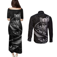 Personalised All Black New Zealand Darts Couples Matching Puletasi and Long Sleeve Button Shirt Aoteroa Fern Maori Galaxy Style LT14 - Polynesian Pride