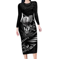Personalised All Black New Zealand Darts Family Matching Long Sleeve Bodycon Dress and Hawaiian Shirt Aoteroa Fern Maori Galaxy Style LT14 Mom's Dress Black - Polynesian Pride
