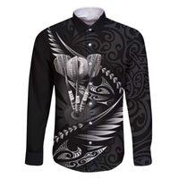 Personalised All Black New Zealand Darts Family Matching Off The Shoulder Long Sleeve Dress and Hawaiian Shirt Aoteroa Fern Maori Galaxy Style LT14 Dad's Shirt - Long Sleeve Black - Polynesian Pride