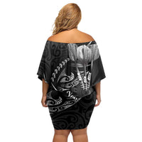 Personalised All Black New Zealand Darts Family Matching Off Shoulder Short Dress and Hawaiian Shirt Aoteroa Fern Maori Galaxy Style LT14 - Polynesian Pride