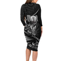 Personalised All Black New Zealand Darts Long Sleeve Bodycon Dress Aoteroa Fern Maori Galaxy Style LT14 - Polynesian Pride