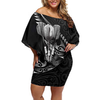 Personalised All Black New Zealand Darts Off Shoulder Short Dress Aoteroa Fern Maori Galaxy Style LT14 Women Black - Polynesian Pride