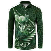 Personalised All Green New Zealand Darts Button Sweatshirt Aoteroa Fern Maori Galaxy Style LT14 Green - Polynesian Pride