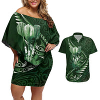 Personalised All Green New Zealand Darts Couples Matching Off Shoulder Short Dress and Hawaiian Shirt Aoteroa Fern Maori Galaxy Style LT14 Green - Polynesian Pride