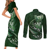 Personalised All Green New Zealand Darts Couples Matching Short Sleeve Bodycon Dress and Long Sleeve Button Shirt Aoteroa Fern Maori Galaxy Style LT14 - Polynesian Pride