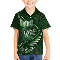 Personalised All Green New Zealand Darts Family Matching Off The Shoulder Long Sleeve Dress and Hawaiian Shirt Aoteroa Fern Maori Galaxy Style LT14 Son's Shirt Green - Polynesian Pride