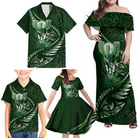 Personalised All Green New Zealand Darts Family Matching Off Shoulder Maxi Dress and Hawaiian Shirt Aoteroa Fern Maori Galaxy Style LT14 - Polynesian Pride