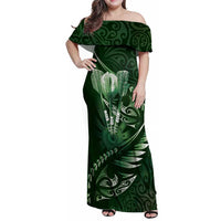 Personalised All Green New Zealand Darts Family Matching Off Shoulder Maxi Dress and Hawaiian Shirt Aoteroa Fern Maori Galaxy Style LT14 Mom's Dress Green - Polynesian Pride