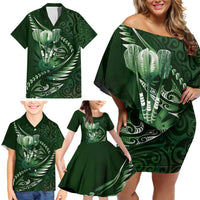 Personalised All Green New Zealand Darts Family Matching Off Shoulder Short Dress and Hawaiian Shirt Aoteroa Fern Maori Galaxy Style LT14 - Polynesian Pride