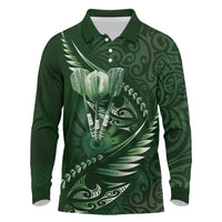 Personalised All Green New Zealand Darts Long Sleeve Polo Shirt Aoteroa Fern Maori Galaxy Style LT14 Green - Polynesian Pride