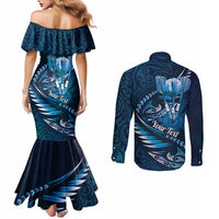 Personalised All Blue New Zealand Darts Couples Matching Mermaid Dress and Long Sleeve Button Shirt Aoteroa Fern Maori Galaxy Style LT14 - Polynesian Pride