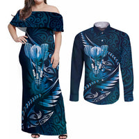 Personalised All Blue New Zealand Darts Couples Matching Off Shoulder Maxi Dress and Long Sleeve Button Shirt Aoteroa Fern Maori Galaxy Style LT14 Blue - Polynesian Pride