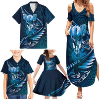 Personalised All Blue New Zealand Darts Family Matching Summer Maxi Dress and Hawaiian Shirt Aoteroa Fern Maori Galaxy Style LT14 - Polynesian Pride