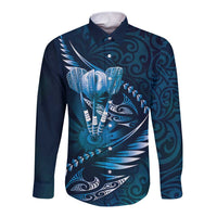 Personalised All Blue New Zealand Darts Long Sleeve Button Shirt Aoteroa Fern Maori Galaxy Style LT14 Unisex Blue - Polynesian Pride