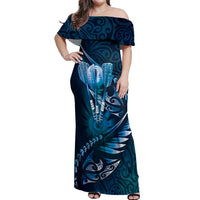 Personalised All Blue New Zealand Darts Off Shoulder Maxi Dress Aoteroa Fern Maori Galaxy Style LT14 Women Blue - Polynesian Pride