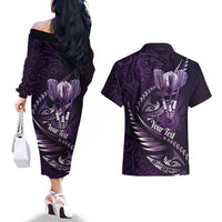 Personalised All Purple New Zealand Darts Couples Matching Off The Shoulder Long Sleeve Dress and Hawaiian Shirt Aoteroa Fern Maori Galaxy Style LT14 - Polynesian Pride