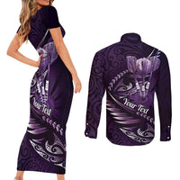 Personalised All Purple New Zealand Darts Couples Matching Short Sleeve Bodycon Dress and Long Sleeve Button Shirt Aoteroa Fern Maori Galaxy Style LT14 - Polynesian Pride