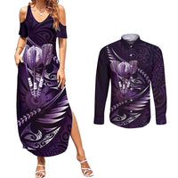 Personalised All Purple New Zealand Darts Couples Matching Summer Maxi Dress and Long Sleeve Button Shirt Aoteroa Fern Maori Galaxy Style LT14 Purple - Polynesian Pride