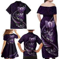 Personalised All Purple New Zealand Darts Family Matching Off Shoulder Maxi Dress and Hawaiian Shirt Aoteroa Fern Maori Galaxy Style LT14 - Polynesian Pride
