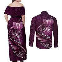 Personalised All Pink New Zealand Darts Couples Matching Off Shoulder Maxi Dress and Long Sleeve Button Shirt Aoteroa Fern Maori Galaxy Style LT14 - Polynesian Pride