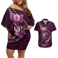 Personalised All Pink New Zealand Darts Couples Matching Off Shoulder Short Dress and Hawaiian Shirt Aoteroa Fern Maori Galaxy Style LT14 Pink - Polynesian Pride