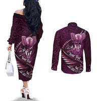 Personalised All Pink New Zealand Darts Couples Matching Off The Shoulder Long Sleeve Dress and Long Sleeve Button Shirt Aoteroa Fern Maori Galaxy Style LT14 - Polynesian Pride