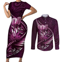 Personalised All Pink New Zealand Darts Couples Matching Short Sleeve Bodycon Dress and Long Sleeve Button Shirt Aoteroa Fern Maori Galaxy Style LT14 Pink - Polynesian Pride
