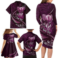 Personalised All Pink New Zealand Darts Family Matching Long Sleeve Bodycon Dress and Hawaiian Shirt Aoteroa Fern Maori Galaxy Style LT14 - Polynesian Pride