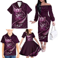 Personalised All Pink New Zealand Darts Family Matching Off The Shoulder Long Sleeve Dress and Hawaiian Shirt Aoteroa Fern Maori Galaxy Style LT14 - Polynesian Pride