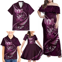 Personalised All Pink New Zealand Darts Family Matching Off Shoulder Maxi Dress and Hawaiian Shirt Aoteroa Fern Maori Galaxy Style LT14 - Polynesian Pride