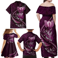 Personalised All Pink New Zealand Darts Family Matching Off Shoulder Maxi Dress and Hawaiian Shirt Aoteroa Fern Maori Galaxy Style LT14 - Polynesian Pride