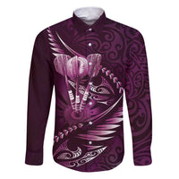 Personalised All Pink New Zealand Darts Family Matching Puletasi and Hawaiian Shirt Aoteroa Fern Maori Galaxy Style LT14 Dad's Shirt - Long Sleeve Pink - Polynesian Pride