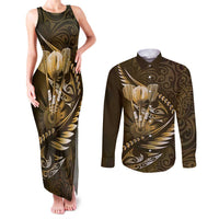 Personalised All Gold New Zealand Darts Couples Matching Tank Maxi Dress and Long Sleeve Button Shirt Aoteroa Fern Maori Galaxy Style LT14 Gold - Polynesian Pride