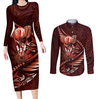 Personalised All Red New Zealand Darts Couples Matching Long Sleeve Bodycon Dress and Long Sleeve Button Shirt Aoteroa Fern Maori Galaxy Style LT14 Red - Polynesian Pride