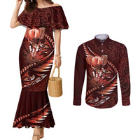 Personalised All Red New Zealand Darts Couples Matching Mermaid Dress and Long Sleeve Button Shirt Aoteroa Fern Maori Galaxy Style LT14 Red - Polynesian Pride