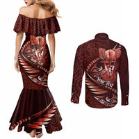 Personalised All Red New Zealand Darts Couples Matching Mermaid Dress and Long Sleeve Button Shirt Aoteroa Fern Maori Galaxy Style LT14 - Polynesian Pride