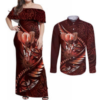Personalised All Red New Zealand Darts Couples Matching Off Shoulder Maxi Dress and Long Sleeve Button Shirt Aoteroa Fern Maori Galaxy Style LT14 Red - Polynesian Pride