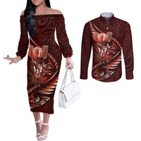 Personalised All Red New Zealand Darts Couples Matching Off The Shoulder Long Sleeve Dress and Long Sleeve Button Shirt Aoteroa Fern Maori Galaxy Style LT14 Red - Polynesian Pride