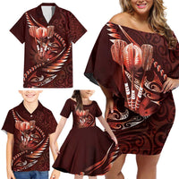 Personalised All Red New Zealand Darts Family Matching Off Shoulder Short Dress and Hawaiian Shirt Aoteroa Fern Maori Galaxy Style LT14 - Polynesian Pride