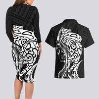 New Zealand Eel Couples Matching Long Sleeve Bodycon Dress and Hawaiian Shirt Tuna Aotearoa Maori Patten - Black LT14 - Polynesian Pride