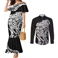 New Zealand Eel Couples Matching Mermaid Dress and Long Sleeve Button Shirt Tuna Aotearoa Maori Patten - Black LT14 Black - Polynesian Pride