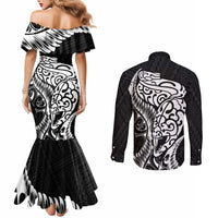 New Zealand Eel Couples Matching Mermaid Dress and Long Sleeve Button Shirt Tuna Aotearoa Maori Patten - Black LT14 - Polynesian Pride