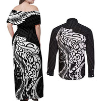 New Zealand Eel Couples Matching Off Shoulder Maxi Dress and Long Sleeve Button Shirt Tuna Aotearoa Maori Patten - Black LT14 - Polynesian Pride
