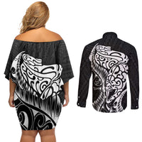 New Zealand Eel Couples Matching Off Shoulder Short Dress and Long Sleeve Button Shirt Tuna Aotearoa Maori Patten - Black LT14 - Polynesian Pride
