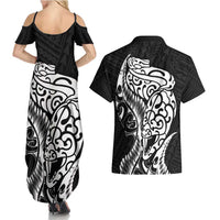 New Zealand Eel Couples Matching Summer Maxi Dress and Hawaiian Shirt Tuna Aotearoa Maori Patten - Black LT14 - Polynesian Pride